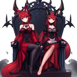A sexy gothic anime Kitsune girl with long, silky red hair cascading to her lower back, styled in an elegant bun
