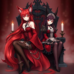 A sexy gothic anime Kitsune girl with long, silky red hair cascading to her lower back, styled in an elegant bun