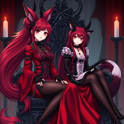 A sexy gothic anime Kitsune girl with long, silky red hair cascading to her lower back, styled in an elegant bun