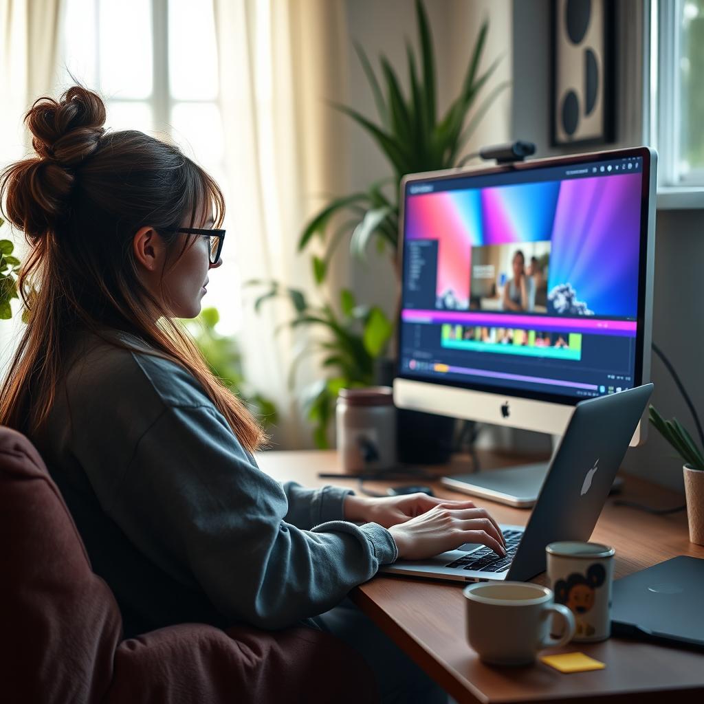 A young woman sitting in a cozy home office, deeply focused on video editing on her laptop