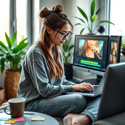A young woman sitting in a cozy home office, deeply focused on video editing on her laptop
