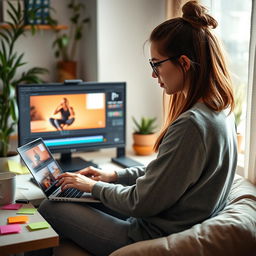 A young woman sitting in a cozy home office, deeply focused on video editing on her laptop