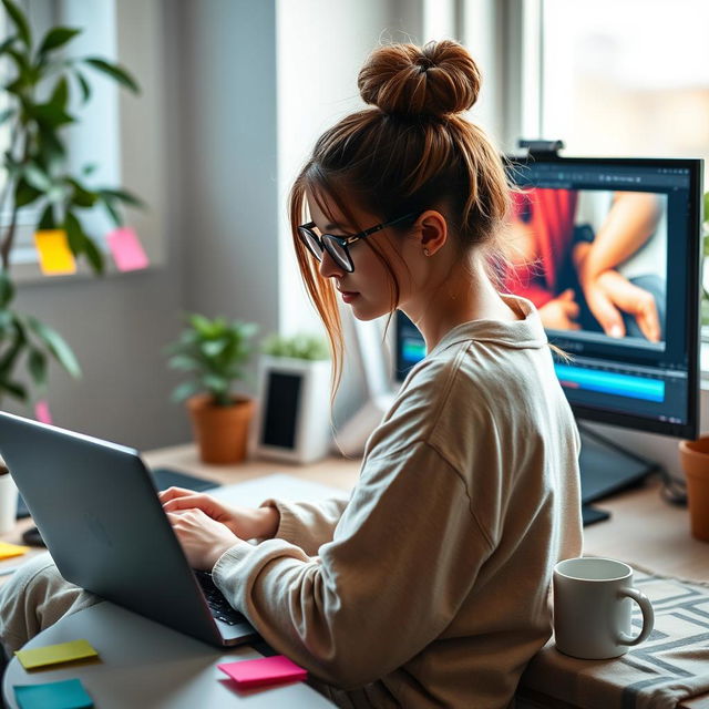 A young woman sitting in a cozy home office, deeply focused on video editing on her laptop