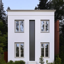 A simple two-story house with four windows on the front elevation. The architectural design should be neat and appealing.