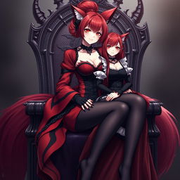 A sexy gothic anime Kitsune girl with long, silky red hair flowing to her lower back, styled elegantly in a bun