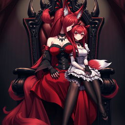 A sexy gothic anime Kitsune girl with long, silky red hair flowing to her lower back, styled elegantly in a bun
