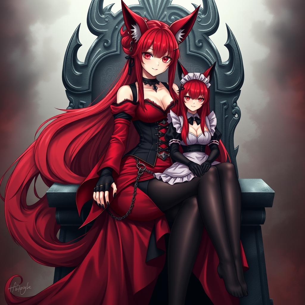 A sexy gothic anime Kitsune girl with long, silky red hair flowing to her lower back, styled elegantly in a bun