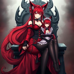 A sexy gothic anime Kitsune girl with long, silky red hair flowing to her lower back, styled elegantly in a bun