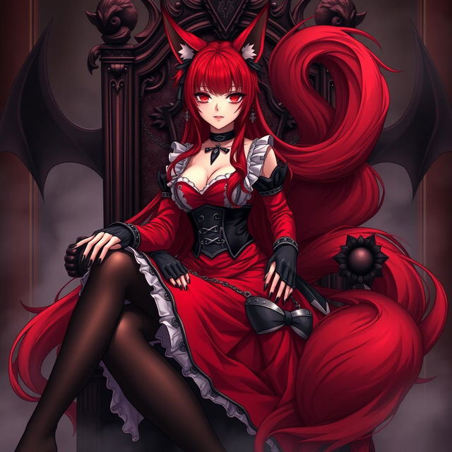 A sexy gothic anime Kitsune girl with long, silky red hair flowing to her lower back, styled elegantly in a bun