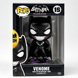 A detailed design of a Venomised Batman Funko Pop, showcasing a dark and symbiote-inspired style