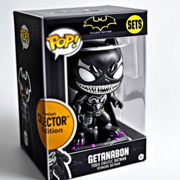 A detailed design of a Venomised Batman Funko Pop, showcasing a dark and symbiote-inspired style