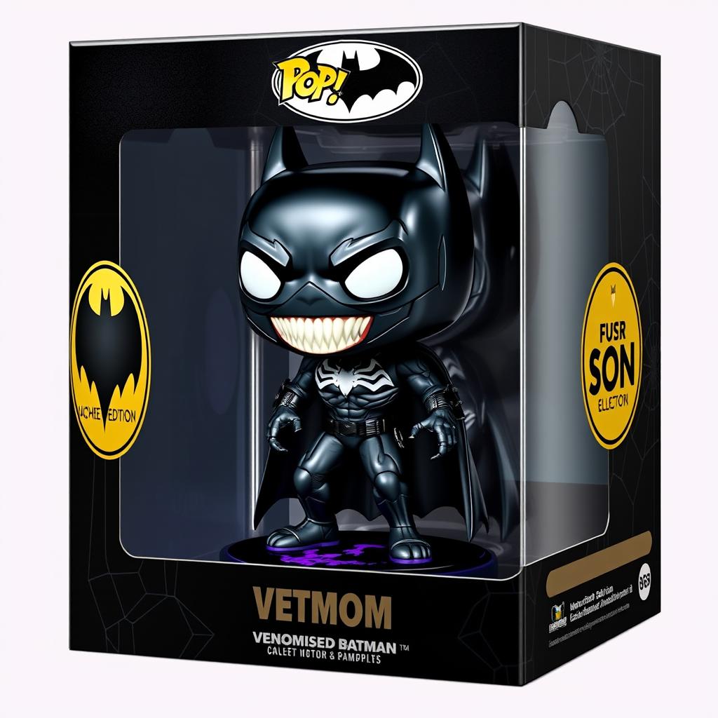 A detailed design of a Venomised Batman Funko Pop, showcasing a dark and symbiote-inspired style