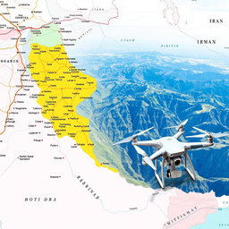 A detailed map highlighting the border of Iran, overlaid with aerial drone imagery showcasing the landscape along the border