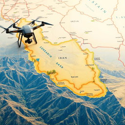 A detailed map highlighting the border of Iran, overlaid with aerial drone imagery showcasing the landscape along the border