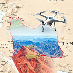 A detailed map highlighting the border of Iran, overlaid with aerial drone imagery showcasing the landscape along the border