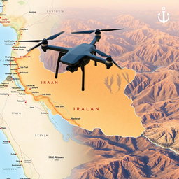 A detailed map highlighting the border of Iran, overlaid with aerial drone imagery showcasing the landscape along the border