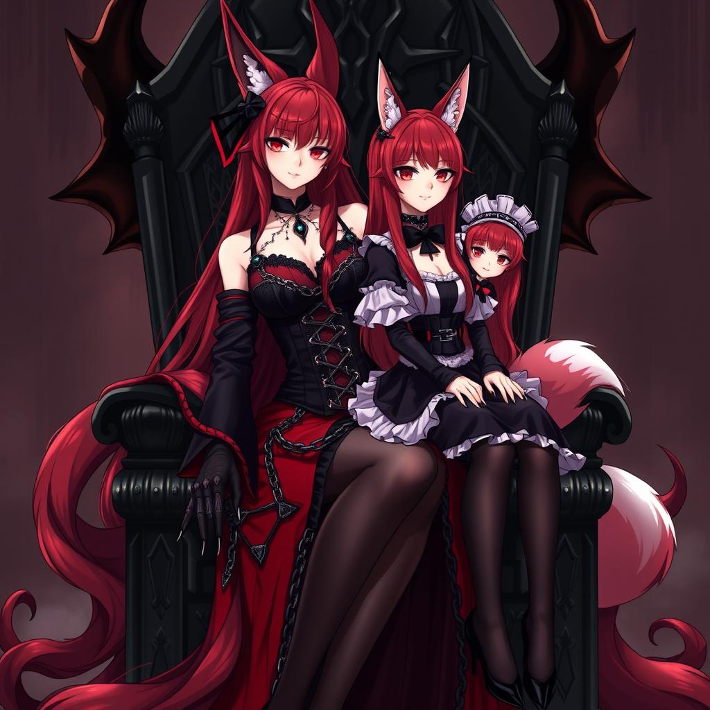 A sexy gothic anime Kitsune girl with luxurious long red hair cascading down to her lower back, elegantly styled in a bun