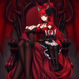 A sexy gothic anime Kitsune girl with luxurious long red hair cascading down to her lower back, elegantly styled in a bun