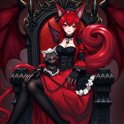 A sexy gothic anime Kitsune girl with luxurious long red hair cascading down to her lower back, elegantly styled in a bun