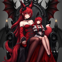 A sexy gothic anime Kitsune girl with luxurious long red hair cascading down to her lower back, elegantly styled in a bun
