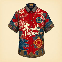 A highly detailed and artistic representation of a shirt design inspired by Tokugawa Ieyasu, featuring traditional Japanese elements like cherry blossoms, samurai motifs, and intricate patterns