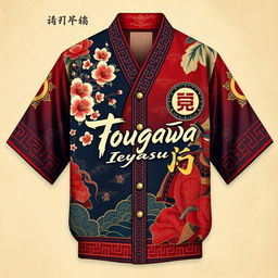 A highly detailed and artistic representation of a shirt design inspired by Tokugawa Ieyasu, featuring traditional Japanese elements like cherry blossoms, samurai motifs, and intricate patterns