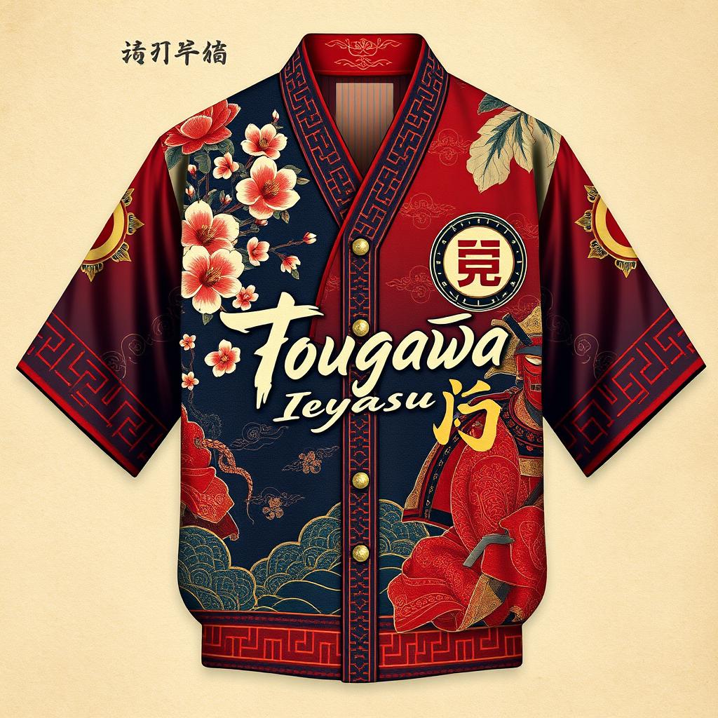 A highly detailed and artistic representation of a shirt design inspired by Tokugawa Ieyasu, featuring traditional Japanese elements like cherry blossoms, samurai motifs, and intricate patterns