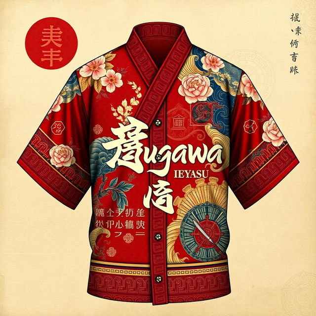 A highly detailed and artistic representation of a shirt design inspired by Tokugawa Ieyasu, featuring traditional Japanese elements like cherry blossoms, samurai motifs, and intricate patterns