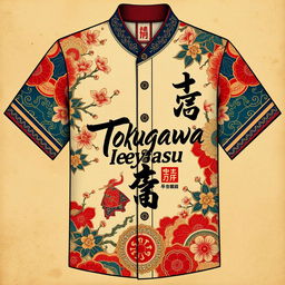 A highly detailed and artistic representation of a shirt design inspired by Tokugawa Ieyasu, featuring traditional Japanese elements like cherry blossoms, samurai motifs, and intricate patterns