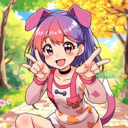 An anime girl depicted in a playful dog pose, with bright, colorful hair and large expressive eyes