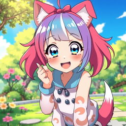 An anime girl depicted in a playful dog pose, with bright, colorful hair and large expressive eyes