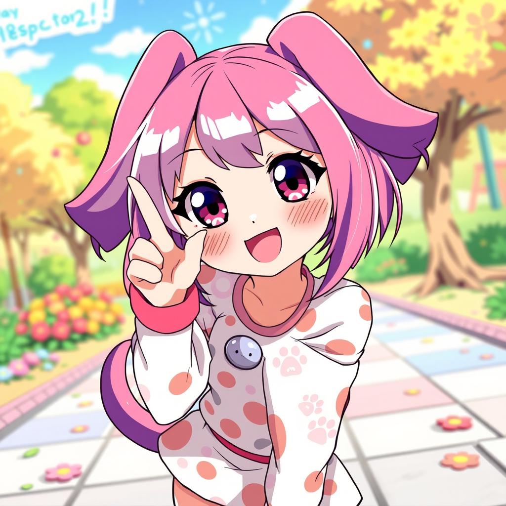 An anime girl depicted in a playful dog pose, with bright, colorful hair and large expressive eyes