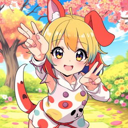 An anime girl depicted in a playful dog pose, with bright, colorful hair and large expressive eyes