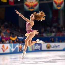 A graceful female ice skater performing an elegant routine on a pristine ice rink