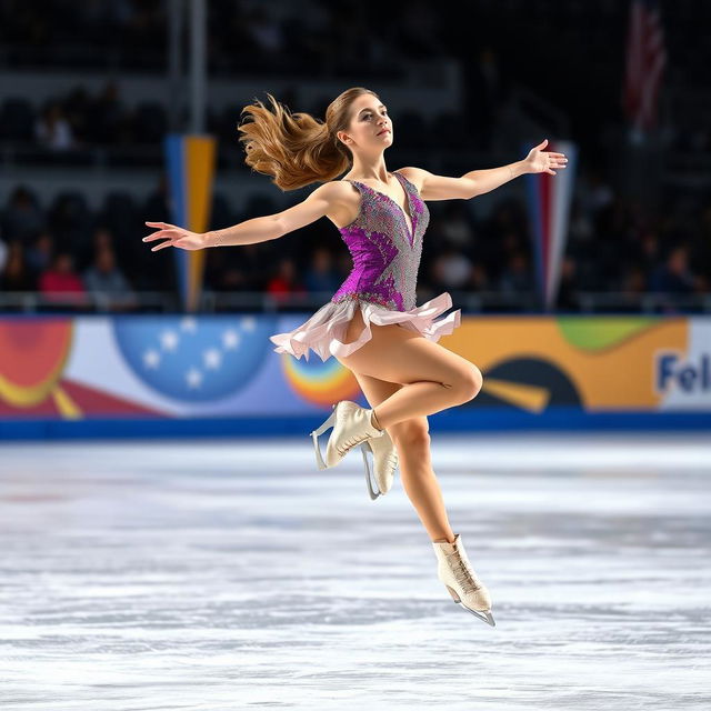 A graceful female ice skater performing an elegant routine on a pristine ice rink