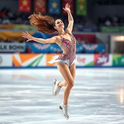 A graceful female ice skater performing an elegant routine on a pristine ice rink