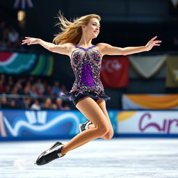 A graceful female ice skater performing an elegant routine on a pristine ice rink