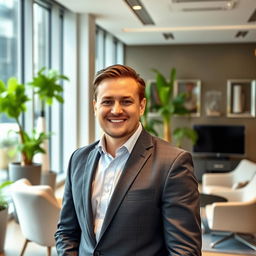 Mark standing in a modern, stylish office environment, looking confident and approachable