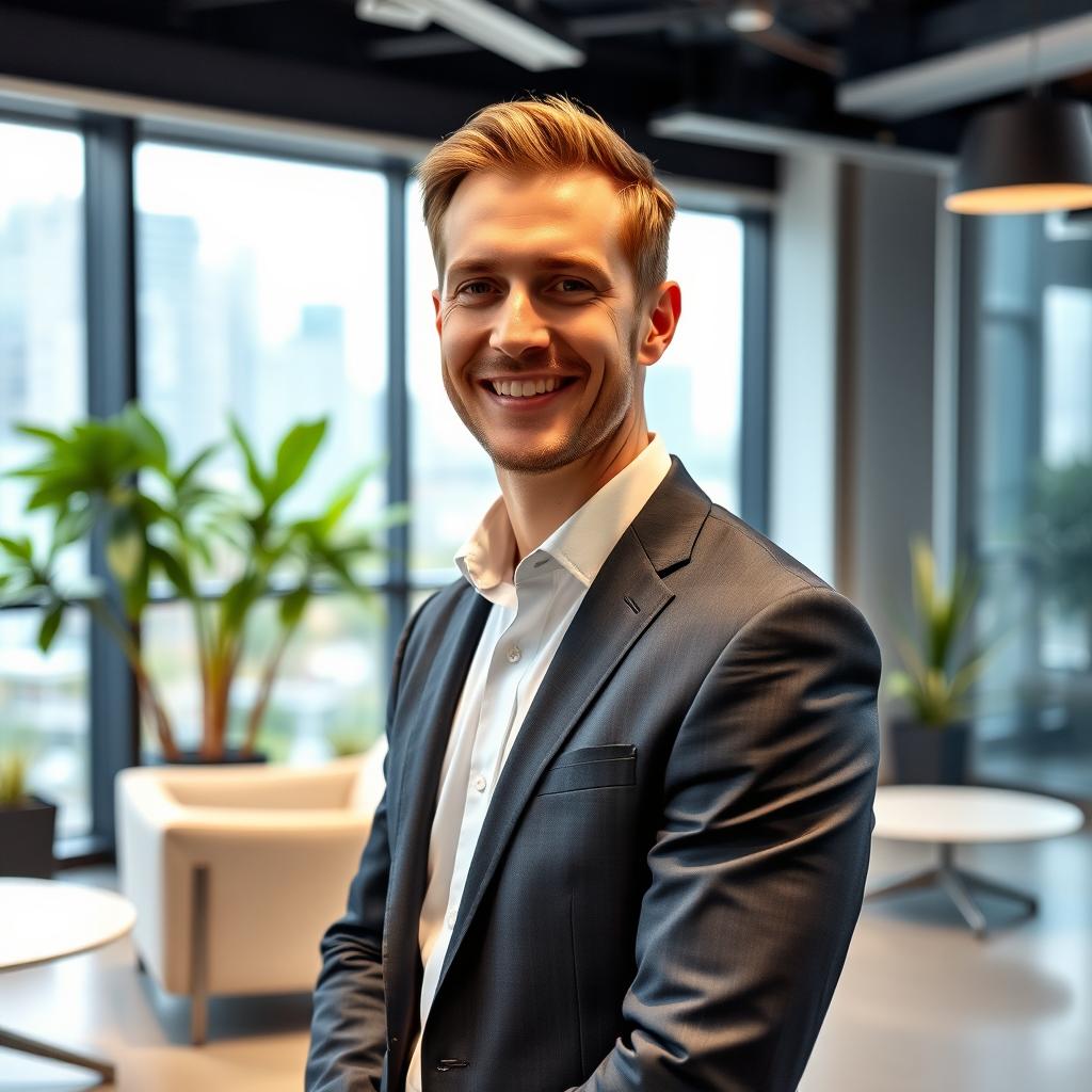Mark standing in a modern, stylish office environment, looking confident and approachable
