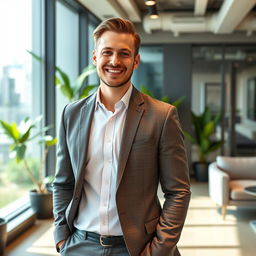 Mark standing in a modern, stylish office environment, looking confident and approachable