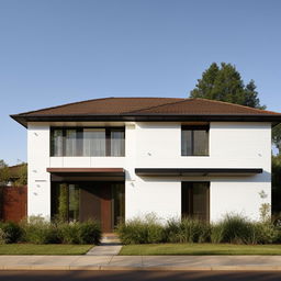 A simple two-story house with four windows on the front elevation. The architectural design should be neat and appealing.