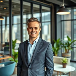 Mark standing in a modern, stylish office environment, looking confident and approachable