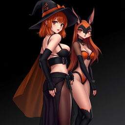 A sexy gothic anime witch girl with shoulder-length orange hair and thick red lips, adorned with a stylish witch's hat