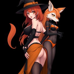 A sexy gothic anime witch girl with shoulder-length orange hair and thick red lips, adorned with a stylish witch's hat