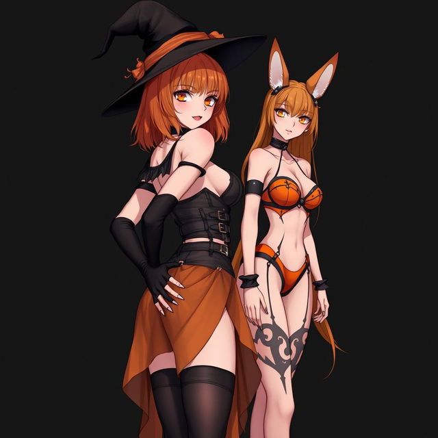 A sexy gothic anime witch girl with shoulder-length orange hair and thick red lips, adorned with a stylish witch's hat