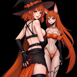 A sexy gothic anime witch girl with shoulder-length orange hair and thick red lips, adorned with a stylish witch's hat