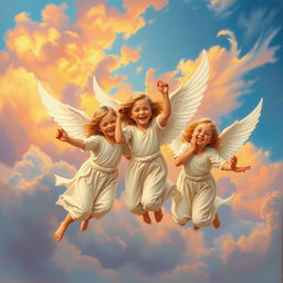 An oil painting depicting three beautiful youthful angels, each with delicate, feathery wings and flowing white robes, joyfully frolicking and playing in a vibrant blue sky filled with wispy clouds at sunset