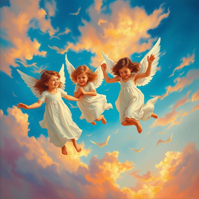 An oil painting depicting three beautiful youthful angels, each with delicate, feathery wings and flowing white robes, joyfully frolicking and playing in a vibrant blue sky filled with wispy clouds at sunset