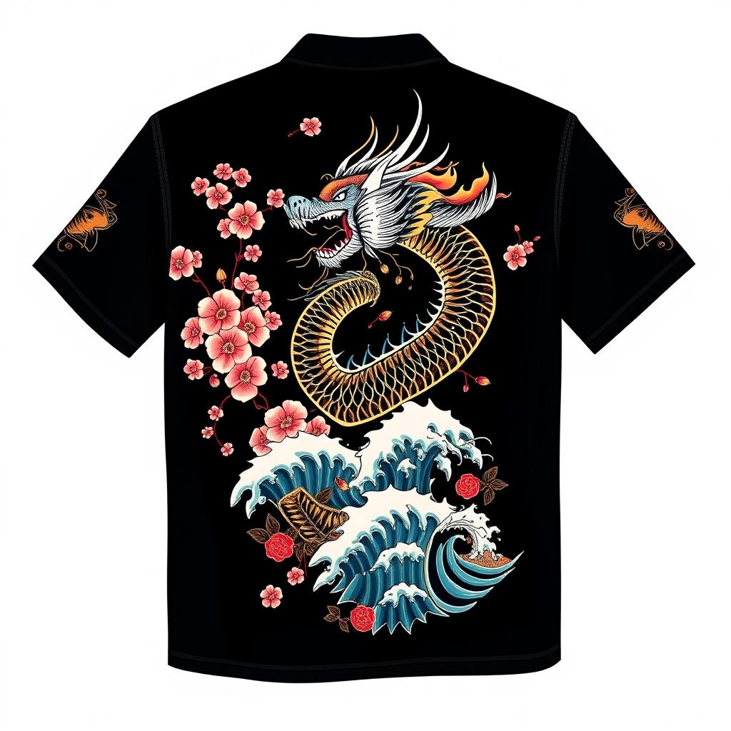 Design of a Yakuza shirt featuring intricate and detailed traditional Japanese motifs