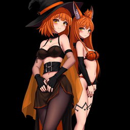 A sexy gothic anime witch girl with shoulder-length orange hair and thick red lips, topped with a stylish witch's hat